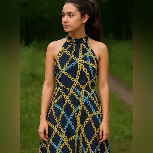 Maeve Anthropologie Chain Print Halter Midi Dress XS Keyhole Back Pleated - Picture 1 of 10